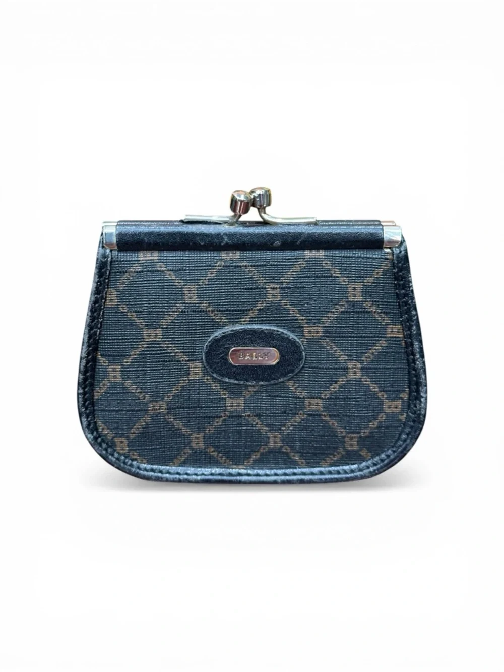 Vintage Bally Kiss Lock Coin Purse Monogram Canvas Mini Wallet Clasp Pouch